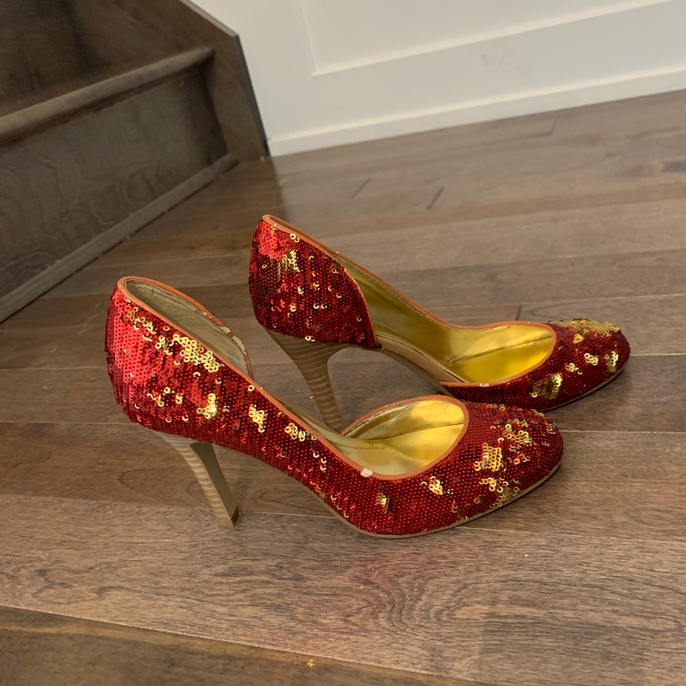 Nine West Red Sequin High Heel Pumps – Sparkly Party Heels – Size 5.5
